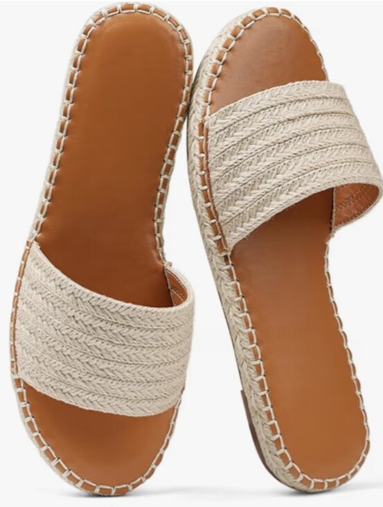 Shoes - Chevron Woven Raffia Flat Espadrille Slides Tan Beach Sandals Size 6 7 8 9 10